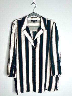 Lafayette 148 New York Black Striped Collared Tunic Blouse Preppy Career Sz XL